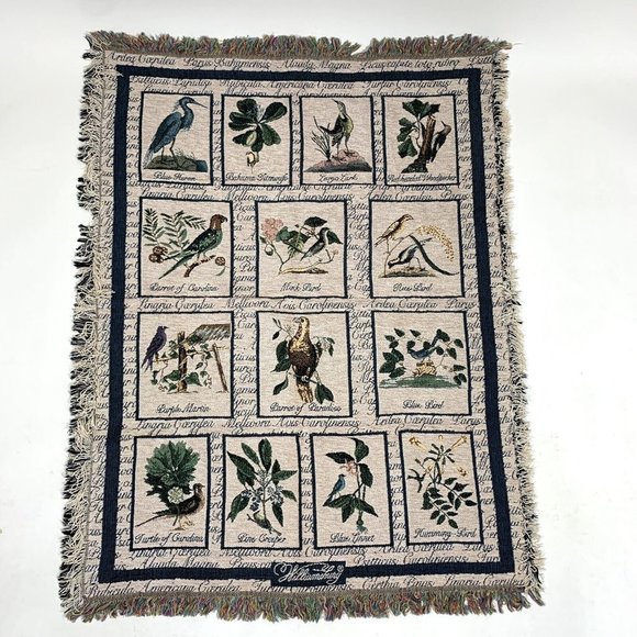 Vintage Tapestry Afghan Woven Blanket Birds Williamsburg 52” x 40" - Picture 1 of 8